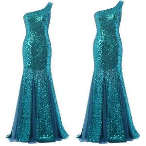 Turquoise Sequin one shoulder gown